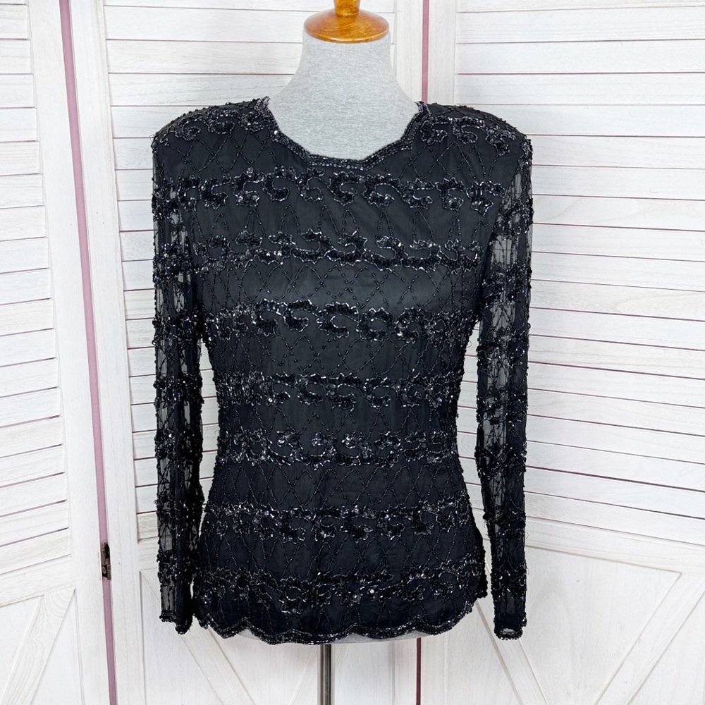 Vintage 80s Stenay Beaded Silk Long Sleeve Evening Blouse Black Medium